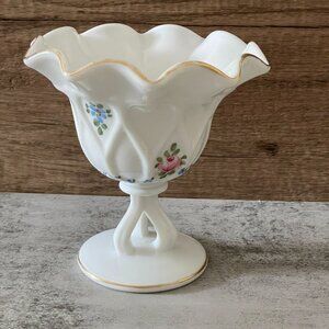 Westmoreland Vintage 70s Doric Milk Glass Hand-Painted Floral Footed Bowl 5"